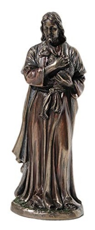 Estátua de Jesus com Cordeiro em Bronze Fundido Frio - 16,25 cm | Decoração Religiosa Refinada - imagem 2