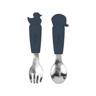 CLINGO Kit Garfo e Colher para Bebê em Metal e Silicone Azul - Seguro, Antimicrobiano e Fácil de Limpar - imagem 2