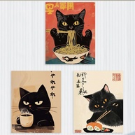 3 Peças de Arte de Parede Engraçada em Tela - Gato Japonês Vintage Comendo Ramen Sushi - Decoração Moderna e Divertida para Casa - imagem 1