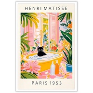 Arte de Parede em Tela Vintage Henri Matisse - Gato Preto na Banheira | Decoração Dopamina Rosa e Verde | 30,5cm - imagem 1
