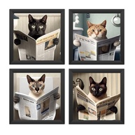 Kit 4 Quadros 18x18cm com Vidro - Gatos Lendo Jornal no Banheiro | Decoração Moderna para Banheiro, Lavabo e Toalete - imagem 1