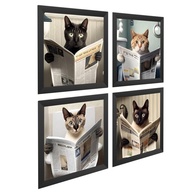 Kit 4 Quadros 18x18cm com Vidro - Gatos Lendo Jornal no Banheiro | Decoração Moderna para Banheiro, Lavabo e Toalete - imagem 3