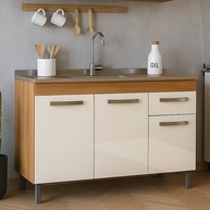 Balcão Gabinete para Pia 1,20m com Gaveta – Freijó Off-White Moderno para Cozinha - imagem 3