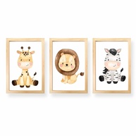Kit 3 Quadros Decorativos Infantil Safari com Moldura - Leão, Girafa e Zebra 20x30cm - Decoração Charmosa para Quarto de Bebê (Pinus) - imagem 1