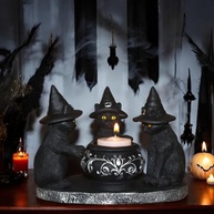 Estatueta Gato Bruxo Wicca Gótico - Decoração Halloween com Caldeirão Incensário e Castiçal - imagem 3