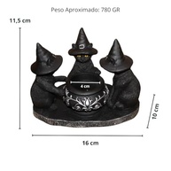 Estatueta Gato Bruxo Wicca Gótico - Decoração Halloween com Caldeirão Incensário e Castiçal - imagem 4