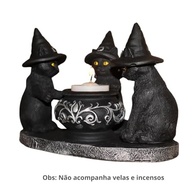 Estatueta Gato Bruxo Wicca Gótico - Decoração Halloween com Caldeirão Incensário e Castiçal - imagem 5