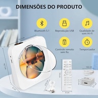 CD Player Portátil Bluetooth 5.1 com Som HiFi e Controle Remoto - Branco - imagem 3