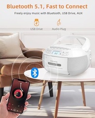 CD Player Portátil Bluetooth 5.1 com Rádio AM/FM, Cassete e USB - Som Imersivo e Versátil - imagem 5