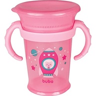 Copo de Treinamento 210ml Gira 360° com Alça Removível - Foguete Gatos Infantil Baby Rosa - imagem 2