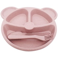 Prato com Divisória + Talheres Infantil Rosa - BLW Urso para Introdução Alimentar Segura - imagem 5