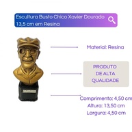 Escultura Busto Chico Xavier Dourado 13,5 cm em Resina - Decoração Espiritualista e Inspiradora - imagem 2