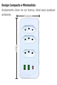 Extensão Elétrica Premium: 3 Tomadas Universais + 3 USB (A+C) Bivolt Inteligente - imagem 4