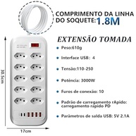 Régua de Energia Inteligente: 10 Tomadas + 6 USB (Tipo-A e C PD) - Segurança e Praticidade para Seus Dispositivos - imagem 3