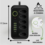 Régua de Energia Inteligente Premium: 5 Tomadas, 4 USB, 1 Tipo-C, Cabo 2m, 2500W - imagem 5