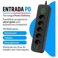 Régua de Energia Inteligente: 5 Tomadas, 2 USB-A + 1 USB-C, Cabo 2m (Preto) - imagem 3