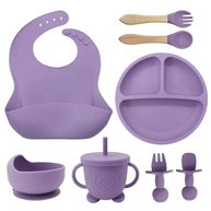 Kit Introdução Alimentar Bebê 8 Peças em Silicone Seguro e Atóxico - Prato, Copo, Talheres e Babador - imagem 1