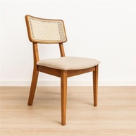 Cadeira de Jantar Lilia em Madeira Maciça com Estofado em Linho Bege e Encosto Rattan - Design Elegante e Confortável - imagem 1