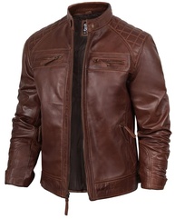 Blingsoul Jaqueta masculina de couro de motocicleta - Jaqueta masculina acolchoada de couro Cafe Racer, Johnson - Jaqueta de couro marrom marrom, PP - imagem 1