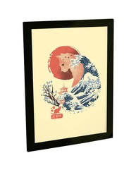 Quadro Decorativo Gato Vaporwave Estilo Onda Kanagawa - Moldura Preta A4 - imagem 1