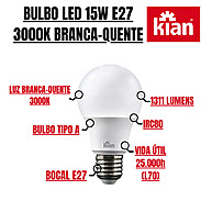 Kit com 5 Lâmpadas LED 15W Branca Quente 3000K E27 Kian - imagem 1