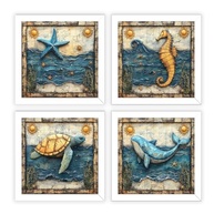Kit 4 Quadros 18x18 cm Tema Praia - Mar, Sol e Baleia | Moldura de Madeira Sustentável com Estampa Brilhante - imagem 2