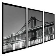 Quadros Decorativos Ponte de Manhattan Brooklyn - Kit 3 Peças com Moldura em Preto e Branco - imagem 1