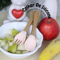 Kit Garfo e Colher de Silicone com Cabo de Madeira - Rosa | Seguro e Ergonômico para Introdução Alimentar - imagem 4