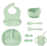 Kit Alimentação Bebê 6 Peças em Silicone Verde - Prato, Copo, Tigela e Babador Seguro - imagem 1