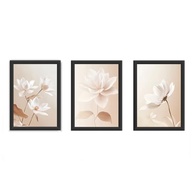 Kit 3 Quadros Decorativos 18x24 cm - Flores Bege com Vidro e Moldura Preta - imagem 3