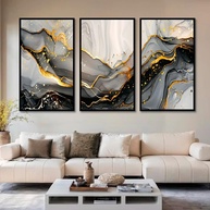 Kit com 3 Quadros Decorativos 30x50 cm Abstrato Marmorizado em Tons Marrom com Moldura Preta - Design Moderno para Sala, Quarto e Hall - imagem 1
