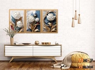 Kit 3 Quadros Decorativos com Flores Tulipa Brancas e Douradas - Design Elegante para Sala, Quarto e Cozinha - imagem 2