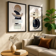 Kit 2 Quadros Decorativos Abstrato Equilíbrio Orgânico – Tons Neutros Modernos com Moldura - imagem 1