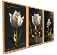 Quadros Decorativos Flores Douradas - Tulipas em Estilo Floral Ouro | Kit 3 Peças 90x50cm - imagem 1