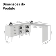 Escrivaninha Em L Mesa Para Computador Gamer 3 Gavetas Branco Lisboa Madesa - imagem 4