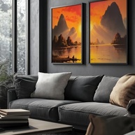 Kit 2 Quadros Decorativos Paisagem Laranja Pôr do Sol Montanhas Calma Natureza Sala Decorativa com Moldura - imagem 4