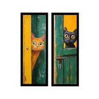 Kit 2 Quadros 18x45 cm - Gatos Espiões em Vidro Preto | Decoração Moderna para Banheiro e Lavabo - imagem 1