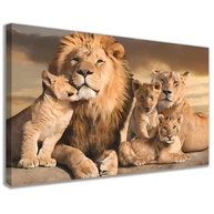 Quadro Decorativo Leão Família - Casal com 3 Filhos em Tela e Madeira 60x90cm - imagem 1