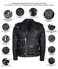 Jaqueta masculina Eagle em relevo Live To Ride - Ride To Live Classic Black Leather Motorcycle Biker - imagem 3
