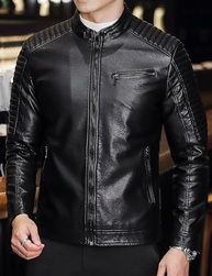 Jaqueta masculina de couro com gola alta, couro sintético leve para motociclista - imagem 3