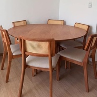 Cadeira de Jantar Lilia em Madeira Maciça com Estofado em Linho Bege e Encosto Rattan - Design Elegante e Confortável - imagem 5