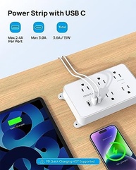 TROND Filtro de Linha com USB: 5 Tomadas + 3 Portas USB, Cabo 3m, Proteção 1300J, Plugue Plano e Montável na Parede (Branco) - imagem 4