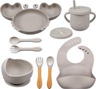 Kit Alimentação Bebê Silicone 9 Peças - BLW, Antiderrapante, Livre de BPA | Prato, Copo, Talheres e Babador (Cinza) - imagem 1