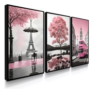 Quadros Decorativos Londres e Paris com Árvore da Vida Rosa - Kit 3 Peças 60x40 - imagem 1