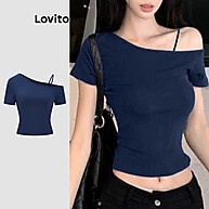 Lovito Camiseta Fofa Lisa Assimétrica Para Mulheres L122AD018 - imagem 1