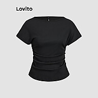 Lovito Camiseta Plissada Elegante e Simples para Mulheres - imagem 1