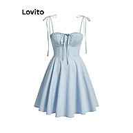 Lovito Vestido Casual Liso com Laço Drapeado – Elegância Simples - imagem 1