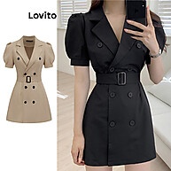 Lovito Vestido Elegante Liso com Cinto e Manga Bufante - imagem 1