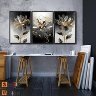 Kit 3 Quadros Decorativos Luxo Flor de Luz Ouro Preto - Sala e Hall Premium - imagem 3