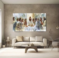 Quadro Santa Ceia Aquarela 100x70cm - Canvas Premium com Moldura de Madeira Maciça - imagem 1